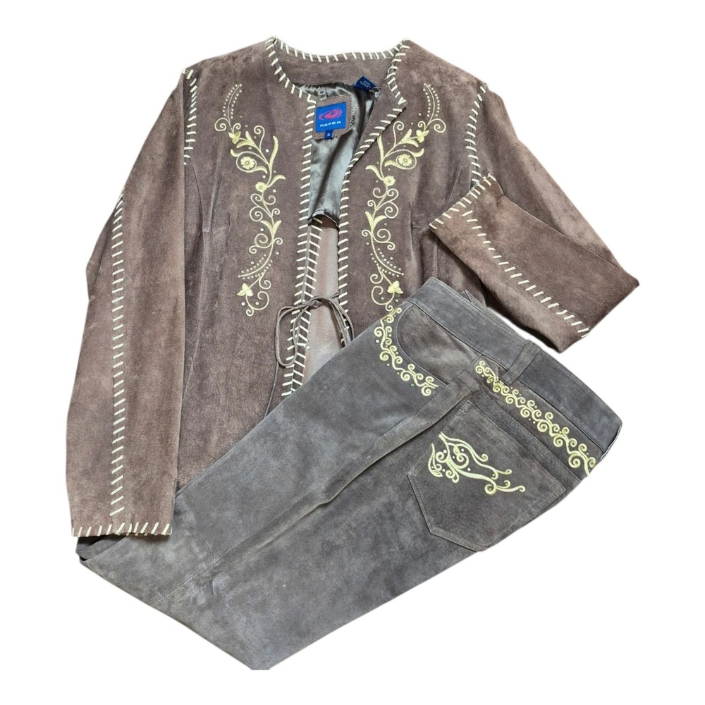 VTG Roper Leather Jacket Women's XL Pants 10 Set Western Embroidered Cowgirl